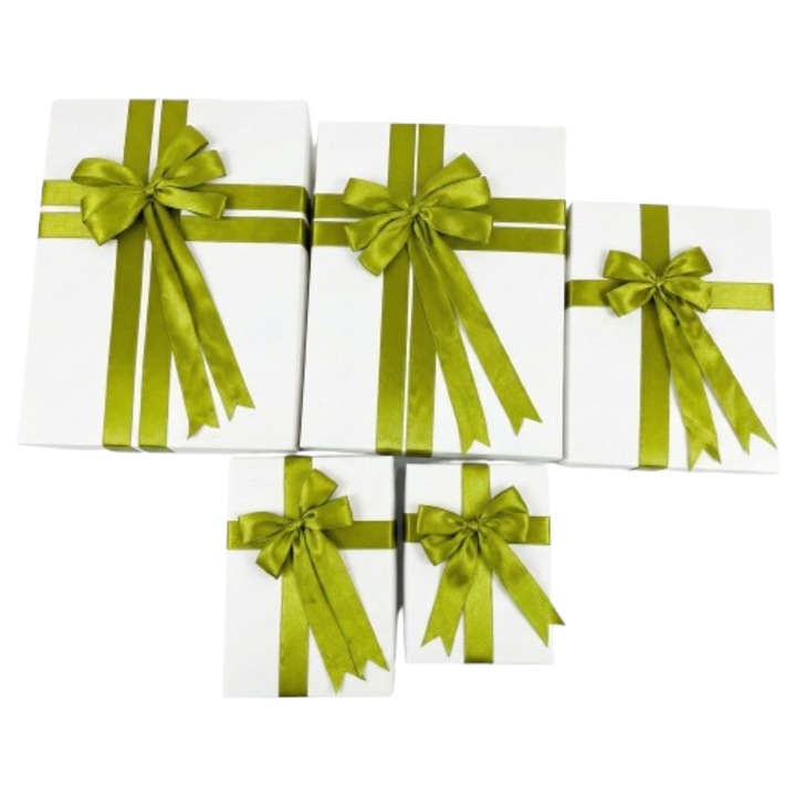 Set 5 cutii cadou - Nicas - carton alb cu fundita verde/kaki - Tip E (25.5X34.5X8 cm) - Tip C (24.5x32.5.6 cm) - Tip B (18.5X25X5 cm) - Tip B15 (15X21X4 cm) - Tip RS (13x17.5x3 cm)