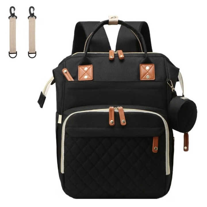 Rucsac multifunctional pentru Scutece Bebelusi atasabil pe manerul caruciorului cu patut pliabil NEGRU