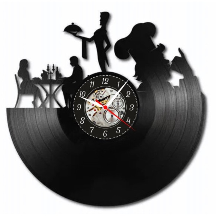 Декоративен стенен часовник "Специалитет на готвача - Изискана вечеря", изработен от винилова плоча (Vinyl Record), дизайн "Ресторант и кулинарно изкуство"