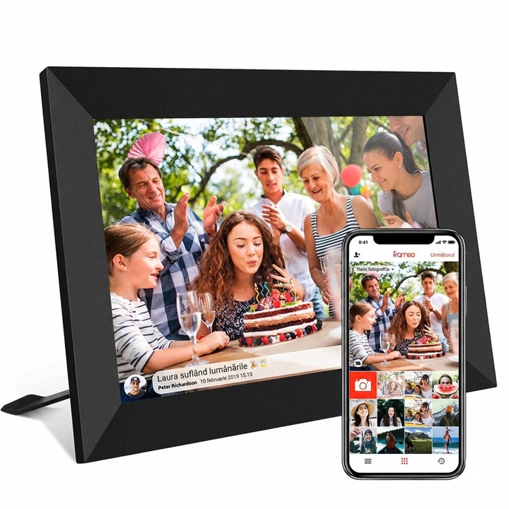 Rama Foto Digitala XPQKDC®, WiFi, Aplicatie Frameo, Display 10.1 inch IPS HD 1280x800, Memorie 32GB, Ecran Tactil, Rotire Automata, Slot MicroSD, Transfer Instant Poze si Video, Negru