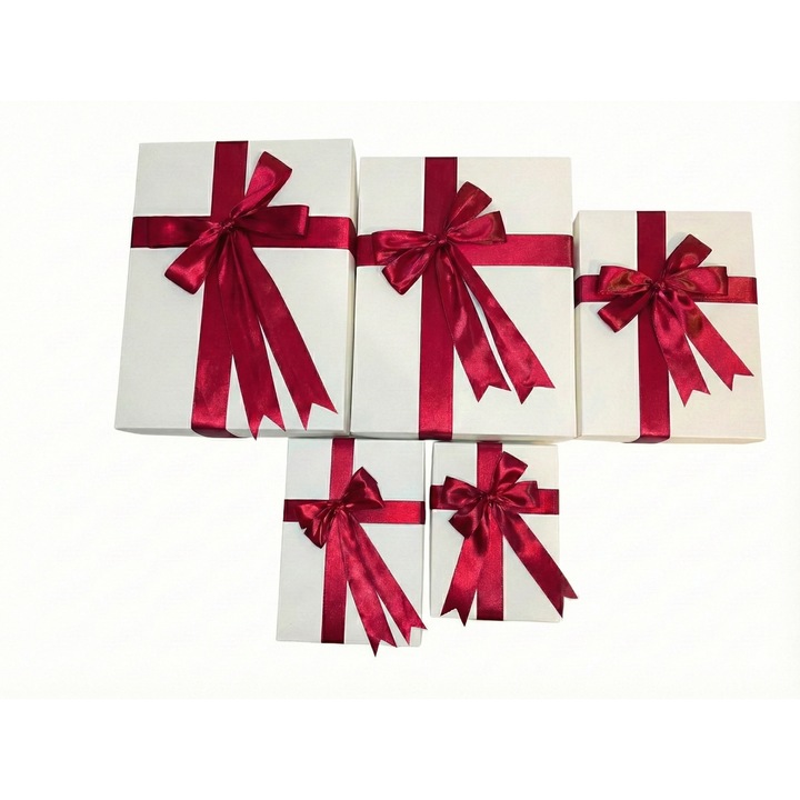Set 5 cutii cadou - Nicas - carton alb cu fundita rosie - Tip E (25.5X34.5X8 cm) - Tip C (24.5x32.5.6 cm) - Tip B (18.5X25X5 cm) - Tip B15 (15X21X4 cm) - Tip RS (13x17.5x3 cm)