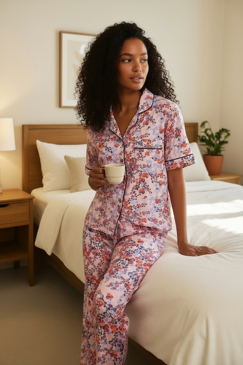 Pijama dama 100% bumbac turcesc, StarFashion, cu maneca scurta si pantaloni lungi, inchidere cu nasturi, roz, M