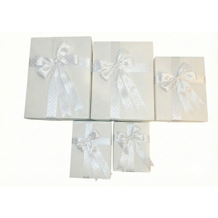 Set 5 cutii cadou - Nicas - carton alb cu fundita crem cu buline - Tip E (25.5X34.5X8 cm) - Tip C (24.5x32.5.6 cm) - Tip B (18.5X25X5 cm) - Tip B15 (15X21X4 cm) - Tip RS (13x17.5x3 cm)