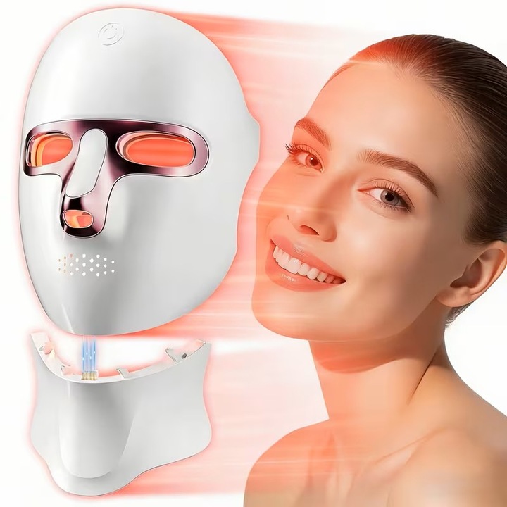 Masca faciala LED Novastride, fototerapie 7 culori pentru fata si gat, design detasabil, temporizator 15 minute, 7 moduri de lumina, incarcare USB, anti-rid si anti-acneee, ingrijire faciala profesionala acasa, Alb