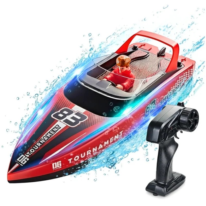 Barca cu telecomanda iUni HJ821, RC High-Speed Boat, Viteza 15 km/h, 2.4GHz, Red