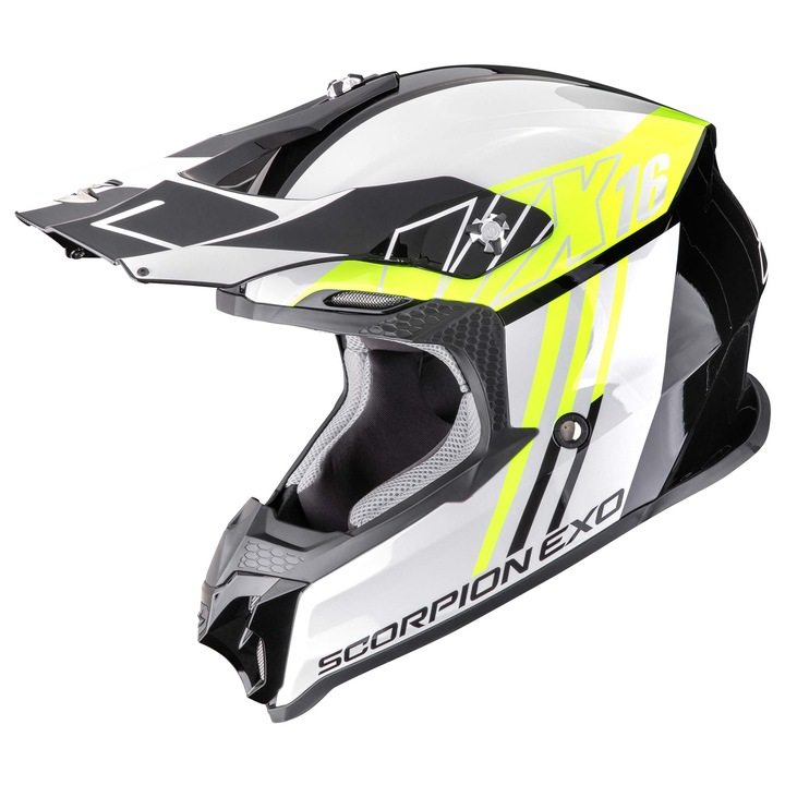 Мото каска Scorpion EXO VX-16 EVO AIR, черна с флуоресцентно жълто, M, система AirFit, сертификация ECE R 22.06