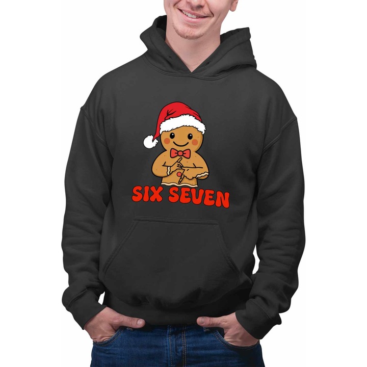 Hanorac Personalizat Barbati Six Seven Omul de Turta Dulce Craciun, negru, marime XL