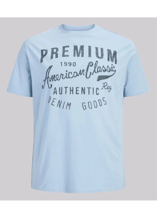 Jack & Jones Plus Tricou barbati big sizes, cu decolteu la baza gatului si imprimeu cu text, Albastru deschis