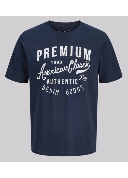 Jack & Jones Plus Tricou barbati big sizes, cu decolteu la baza gatului si imprimeu cu text, Bleumarin inchis