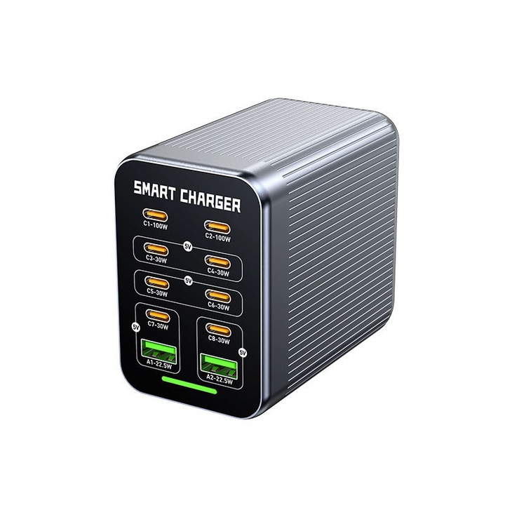 Станция за бързо зареждане WLX-G1, 10 порта: 8xUSB-C, 2xUSB-A, 425W, GaN, едновременно зареждане, за лаптоп, таблет, телефон, офис, дом, сив
