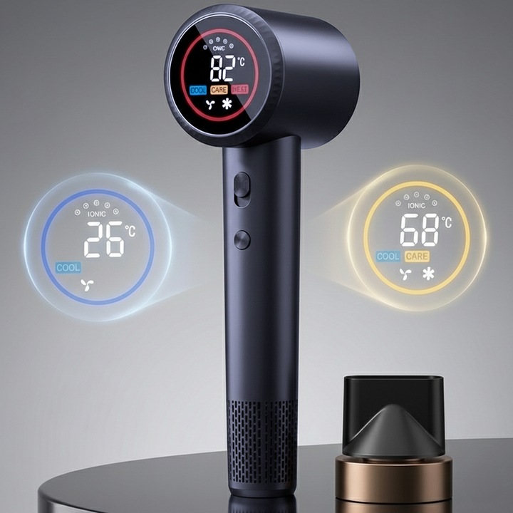 Професионален Сешоар TNS®, Интелигентен Екран, Магнитна Дюза, Йонизация, Дисплей за Температура, 110.000 RPM, NTC Защита, Безшумен, Множество Настройки, Модерен Дизайн, Черен