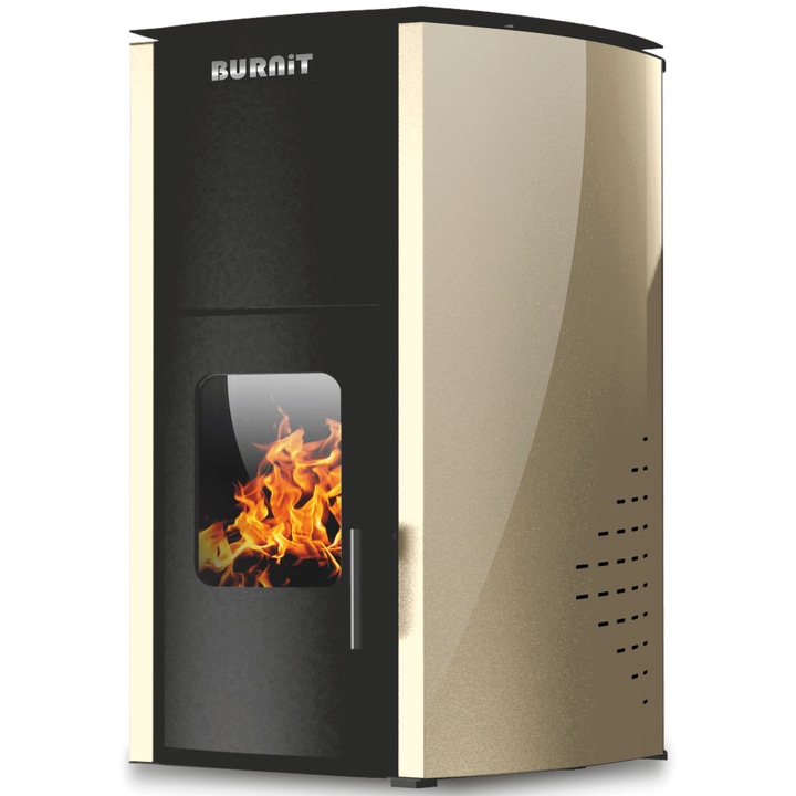 Termosemineu pe peleti Burnit Comfort 18 kw, complet echipat pentru incalzire, pompa, vas expansiune, automatizare, buncar peleti 15 kg, tiraj fortat, culoare Crem, aprindere automata, pana la 120 mp