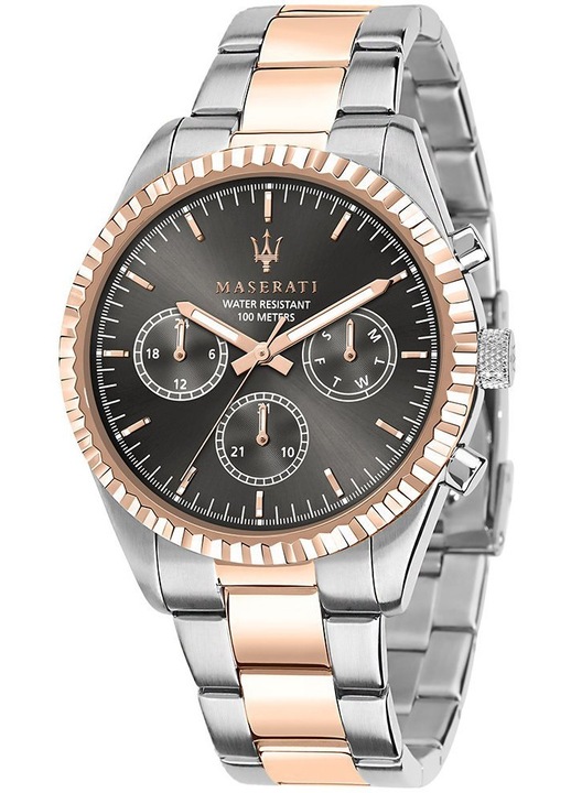 Мъжки часовник Maserati COMPETIZIONE, кварцов механизъм, верижка от неръждаема стомана, сребърен/розово златен цвят, размери 43x11мм, комплект с оригинална кутия