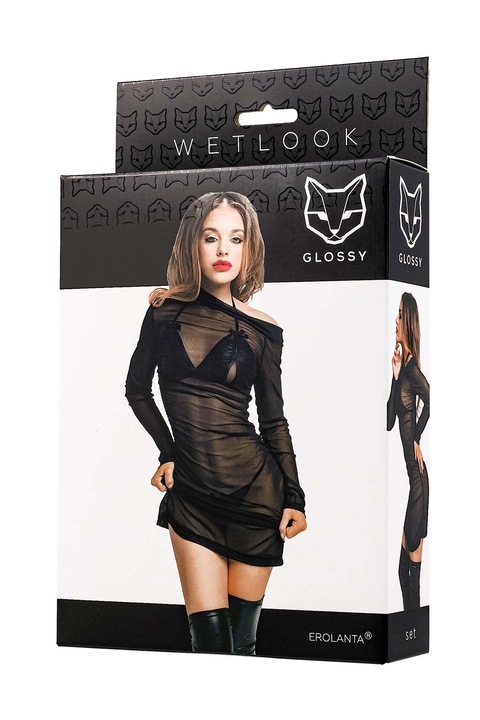 Комплект - Glossy Sheril - прозрачна рокля със сутиен и прашки, лъскава, черна XL Glossy