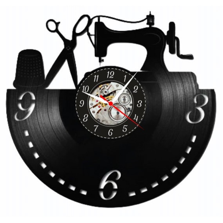 Dekoratív falióra "Szabó művészete - Varrás szenvedély", bakelit lemezből (Vinyl Record) készült, Fashion & Needlework design