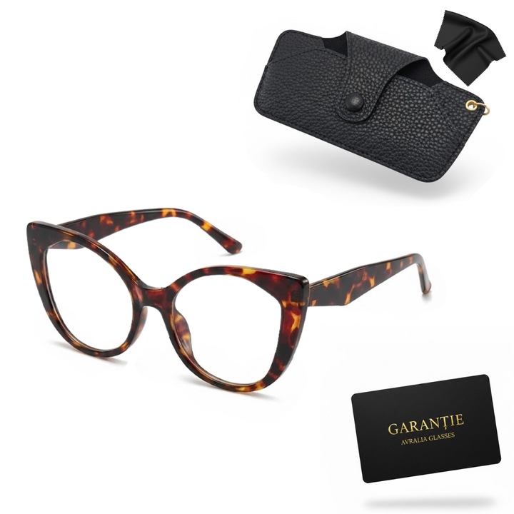 Ochelari Protectie Calculator, Filtru Blue Light Blocking si UV400, Rama Cat-Eye Stil Tortoise Shell, Fara Dioptrii, Protectie Oboseala Oculara, Include Toc Premium si Laveta