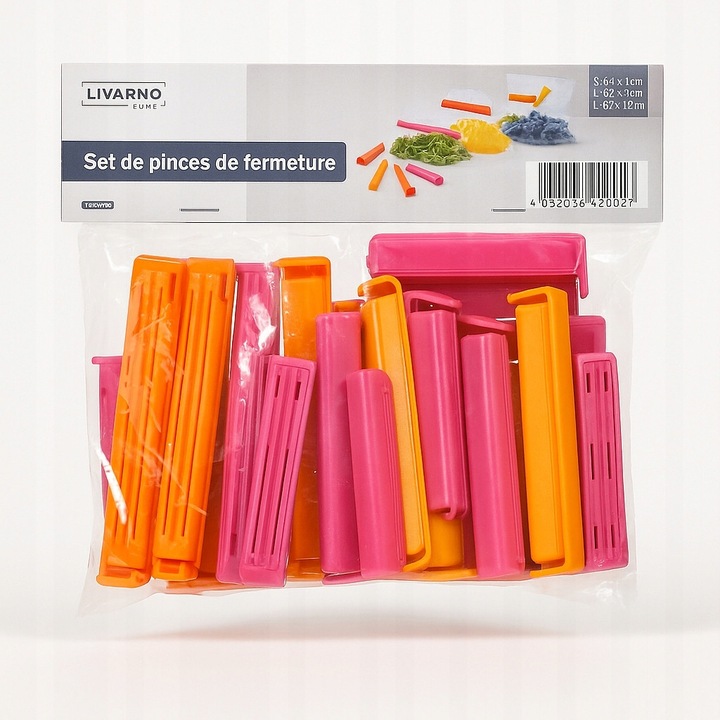 Set 24 clips pentru pungi, 3 dimensiuni, colorate, BPA free