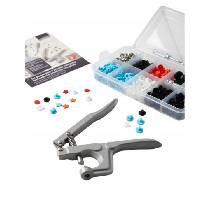 107 darabos patentkészlet, vegyes színek, szerelőfogóval