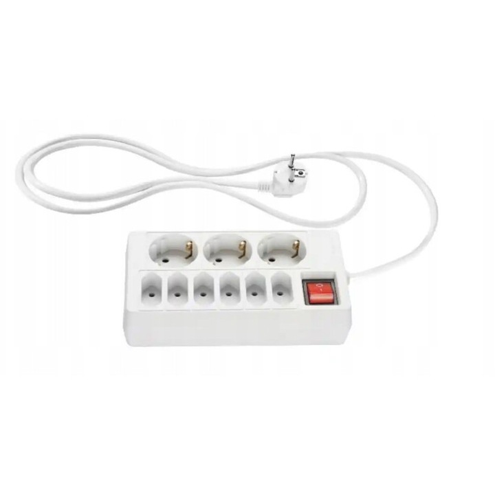 Разклонител SilverCrest 9 гнезда, 1,4м, 3680W, бял, размери 17x9,5x4см