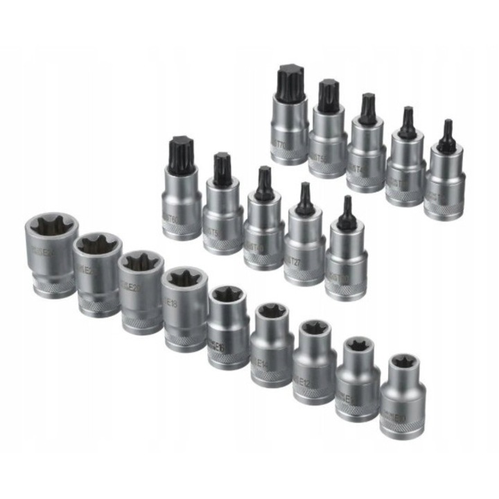 Set adaptoare chei tubulare TORX T20-T70 si E10-E24 1/2", ParkSide, 19 elemente, cu cutie de depozitare