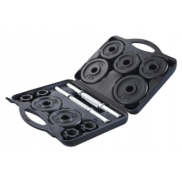 Set haltere Crivit, 18 elemente, 2 gryfi, 8x1kg, 4x2kg, zeliu, cutie de depozitare