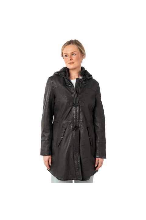 Geaca Lunga de Piele, Dama, Mauritius, Antracit Inchis, Guler Tip Camasa, Gluga Detasabila, S
