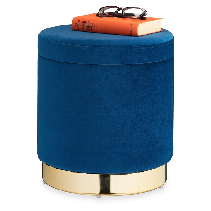 Taburet cu spatiu de depozitare Relaxdays, design elegant, 41, 5 x 37 cm, catifea/metal, Albastru/Auriu