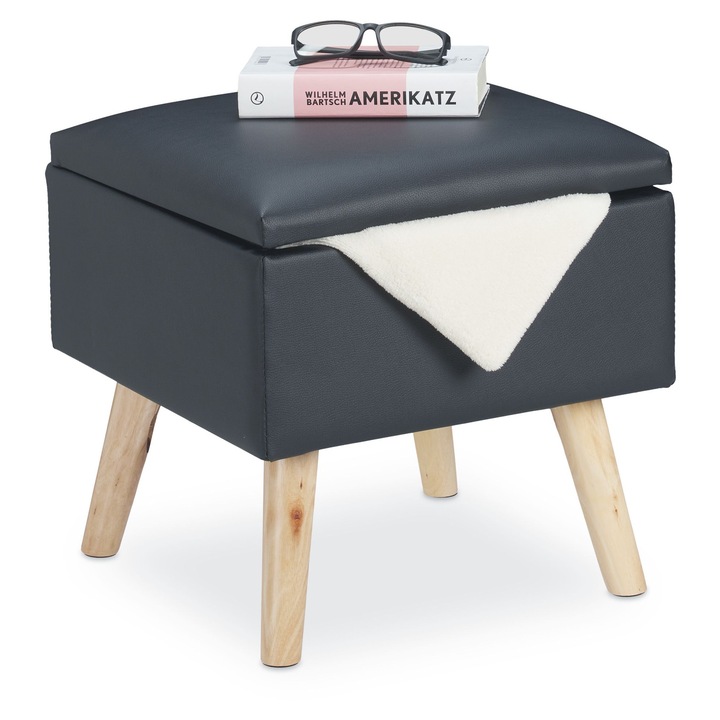Taburet cu spatiu de depozitare Relaxdays, din piele ecologica, 40 x 40 x 40 cm, picioare din lemn, taburet pentru sufragerie, aspect elegant, Antracit