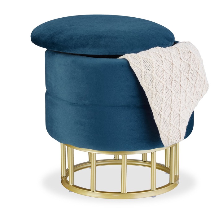 Taburet rotund cu spatiu de depozitare Relaxdays, 40 x 40 cm, din MDF, tapitat cu catifea, baza metalica aurie, design modern, Albastru