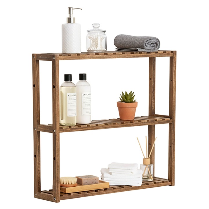 Raft organizator multifunctional Relaxdays, 54×60×15 cm, din lemn de salcam, potrivit pentru baie, bucatarie, birou, 3 etajere, Maro