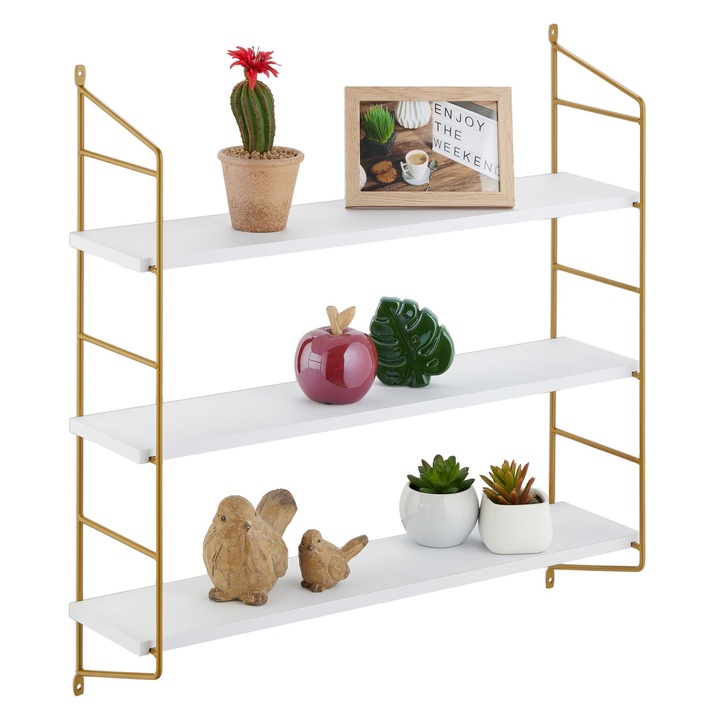Relaxdays fali polc, többfunkciós, 60 x 60 x 15 cm, MDF/fém, konyhai, fürdőszobai polc, fehér/arany