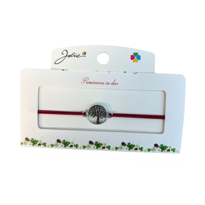 Martisor tip Bratara cu Pandantiv Metalic, Jolie, Snur Textil Rosu, Model Pomul Vietii Traditional, Dimensiune Reglabila, Nod Dublu, Ambalata Individual