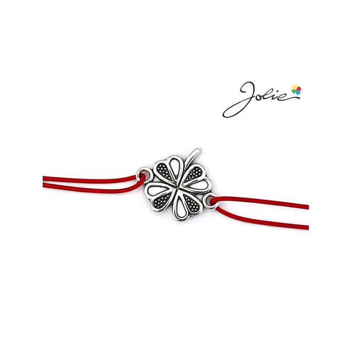 Martisor tip Bratara cu Pandantiv Metalic, Jolie, Snur Textil Rosu, Model Trifoi Inimi, Dimensiune Reglabila, Nod Dublu, Ambalata Individual
