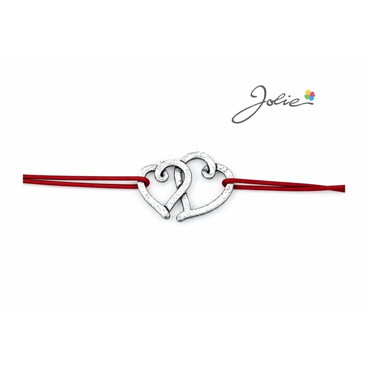 Martisor tip Bratara cu Pandantiv Metalic, Jolie, Snur Textil Rosu, Model Doua Inimi, Dimensiune Reglabila, Nod Dublu, Ambalata Individual
