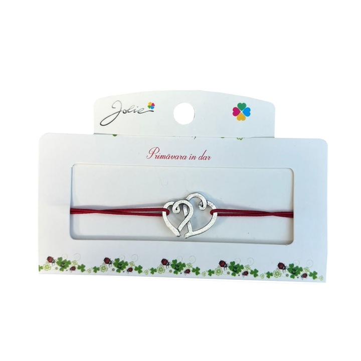 Martisor tip Bratara cu Pandantiv Metalic, Jolie, Snur Textil Rosu, Model Doua Inimi, Dimensiune Reglabila, Nod Dublu, Ambalata Individual