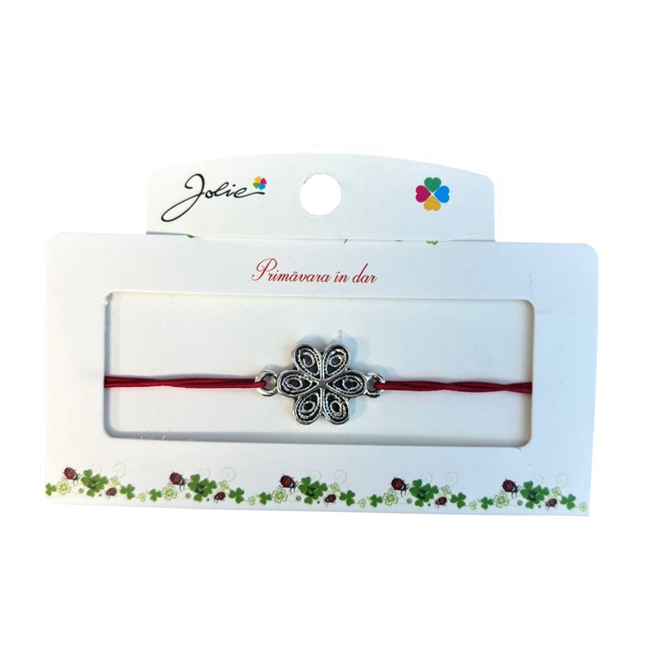 Martisor tip Bratara cu Pandantiv Metalic, Jolie, Snur Textil Rosu, Model Floare, Dimensiune Reglabila, Nod Dublu, Ambalata Individual