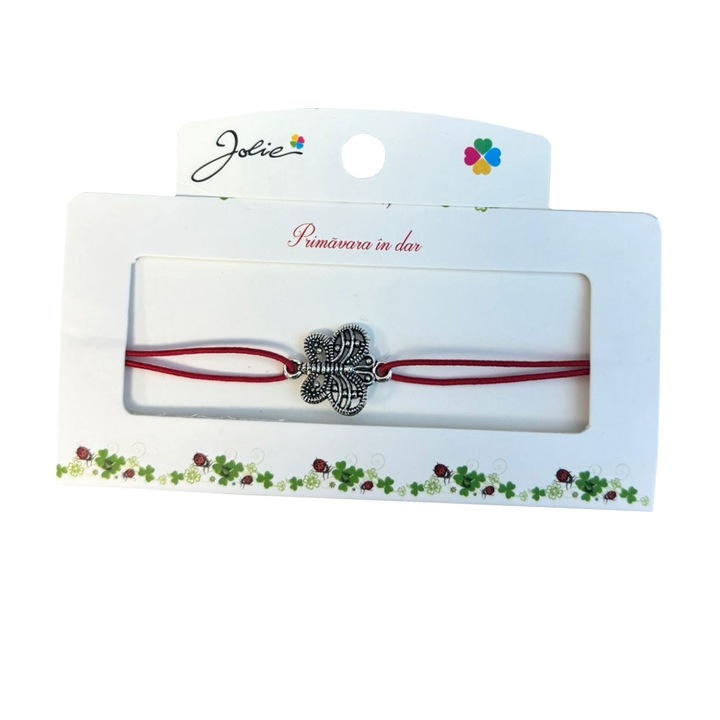 Martisor tip Bratara cu Pandantiv Metalic, Jolie, Snur Textil Rosu, Model Fluture, Dimensiune Reglabila, Nod Dublu, Ambalata Individual