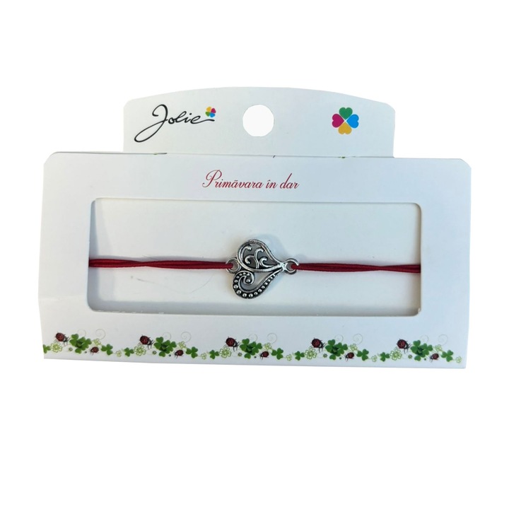 Martisor tip Bratara cu Pandantiv Metalic, Jolie, Snur Textil Rosu, Model Inima Eleganta, Dimensiune Reglabila, Nod Dublu, Ambalata Individual