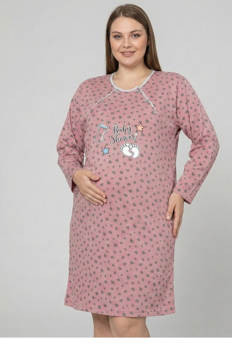 Camasa de Noapte pentru Gravide bumbac, deschidere pentru Alaptare roz prafuit marimi mari 14087, Roz