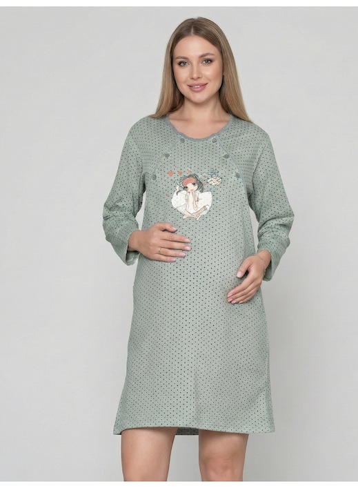 Camasa de Noapte pentru Gravide bumbac, deschidere pentru Alaptare gri verzui 3051 14111, Gri