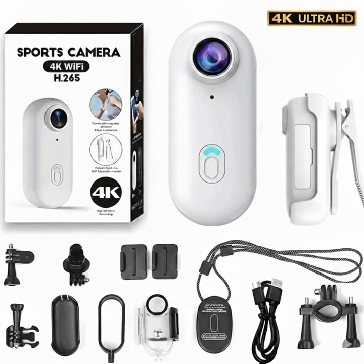 Мини спортна екшън камера 4K/1080P, WiFi, тип "Finger Cam", широк ъгъл 120°, водоустойчива 30м, CMOS сензор, за мотоциклет, велосипед, влог или домашни любимци, бяла