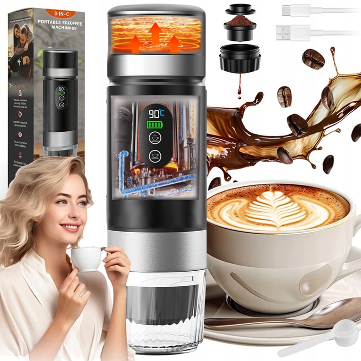 Преносим Еспресо уред, Bedee, 3 в 1, 20 бара, 7500mAh батерия, 150 мл, презареждаем, мляно кафе или капсули, преносима кафемашина, вградено подгряване на вода, модерен дизайн, компактен, лесен за употреба, за дома, офиса, кола, къмпинг, туризъм, черен