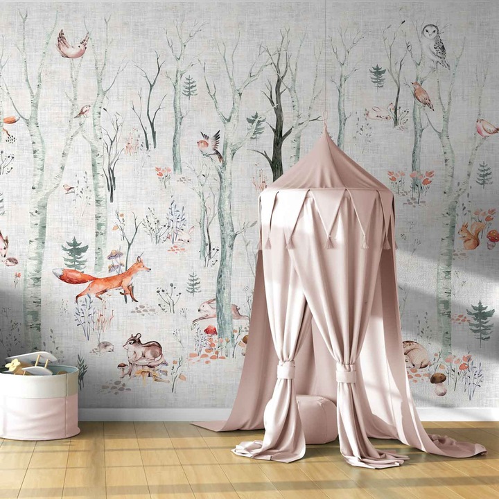 Tapet Premium Updeco, model Forest Joy (400x280 cm) - copii peisaj cu padure, usor de curatat, rezistent la apa, dimensiuni 400 x 280 cm, dublu strat din fibre presate, culori naturale si placute, fasii 50 x 280 cm usor de montat