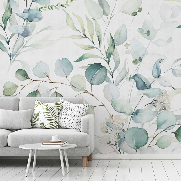 Tapet Premium Updeco, model Soft Eucalypt (300x280 cm) - pictura cu frunze, usor de curatat, rezistent la apa, dimensiuni 300 x 280 cm, dublu strat din fibre presate, culori naturale si placute, fasii 50 x 280 cm usor de montat