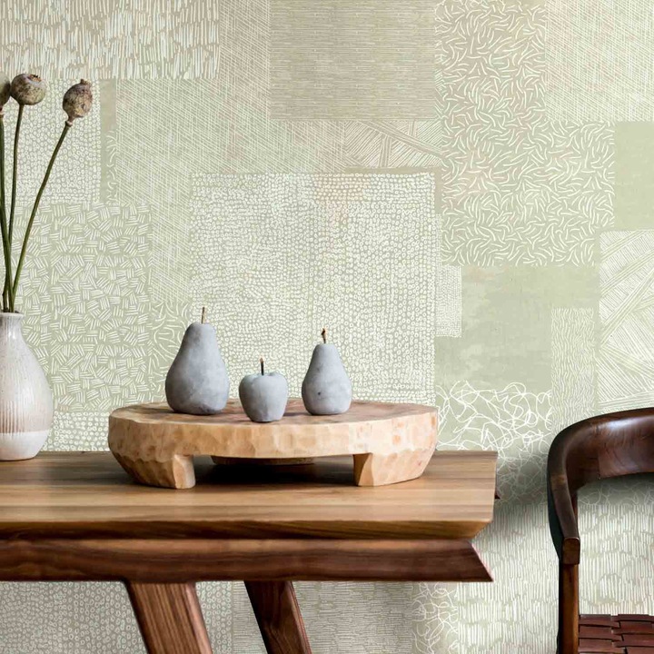 Tapet Premium Updeco, model Patchwork (600x280 cm) - compozitie cu petice, usor de curatat, rezistent la apa, dimensiuni 600 x 280 cm, dublu strat din fibre presate, culori naturale si placute, fasii 50 x 280 cm usor de montat