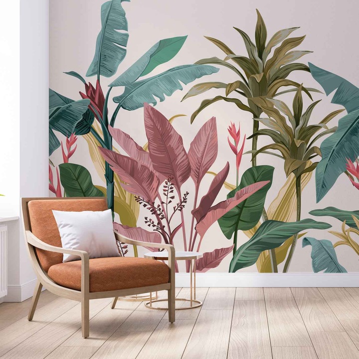 Tapet Premium Updeco, model Oasis (500x280 cm) - compozitie cu frunze tropicale, usor de curatat, rezistent la apa, dimensiuni 500 x 280 cm, dublu strat din fibre presate, culori naturale si placute, fasii 50 x 280 cm usor de montat