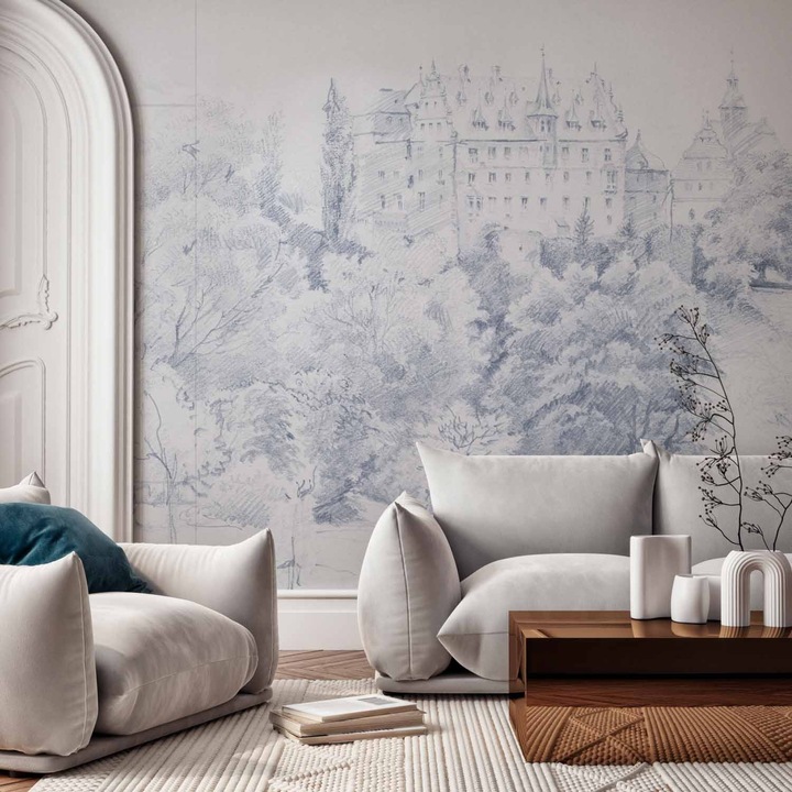 Tapet Premium Updeco, model Chateau (300x280 cm) - desen in creion, usor de curatat, rezistent la apa, dimensiuni 300 x 280 cm, dublu strat din fibre presate, culori naturale si placute, fasii 50 x 280 cm usor de montat