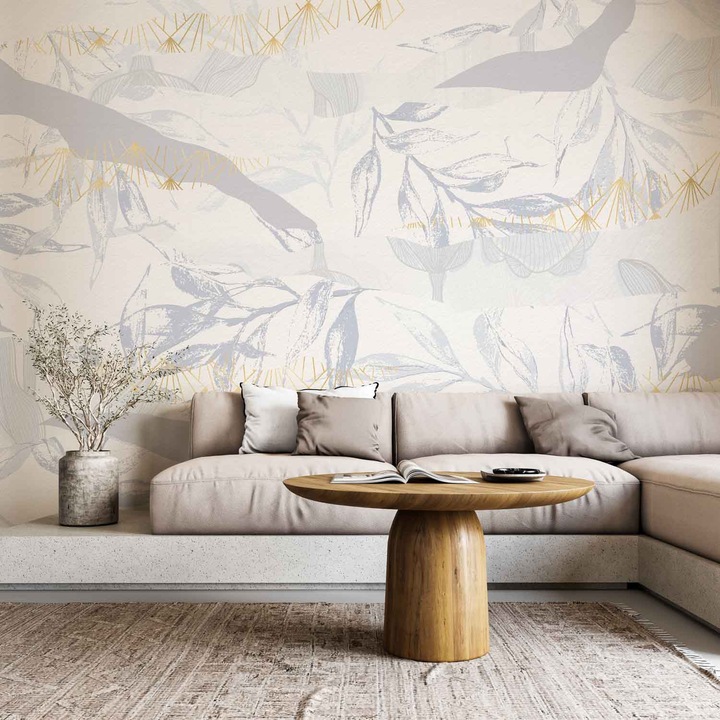 Tapet Premium Updeco, model Collage (400x280 cm) - cu motive botanice, usor de curatat, rezistent la apa, dimensiuni 400 x 280 cm, dublu strat din fibre presate, culori naturale si placute, fasii 50 x 280 cm usor de montat