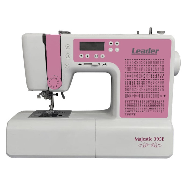 Masina de cusut computerizata Leader Majestic 395E, 385 cusaturi, ecran LCD, buton start/stop, buton limitare viteza, dispozitiv de infilare, 9 butoniere, Alb/Roz