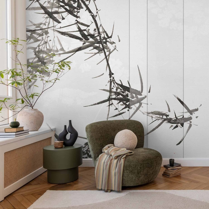 Tapet Premium Updeco, model Sumi-e (500x280 cm) - desen cu bambus, usor de curatat, rezistent la apa, dimensiuni 500 x 280 cm, dublu strat din fibre presate, culori naturale si placute, fasii 50 x 280 cm usor de montat